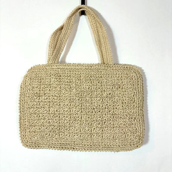 Vintage Crochet Purse Handbag Tan Retro Japan Lined Natural Handmade Two Section - Picture 1 of 11